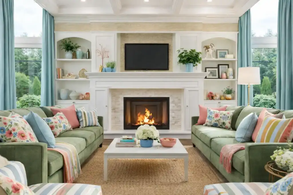 Interior designer styling a colorful living room refresh in Rochester, NY
