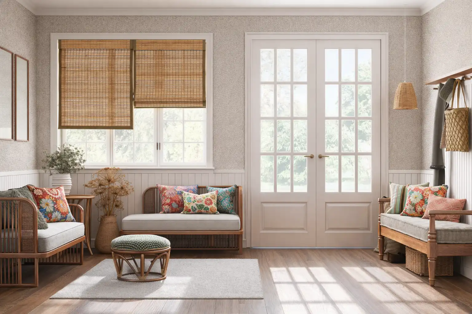 Woven wood window shades adding warmth and texture to a living space