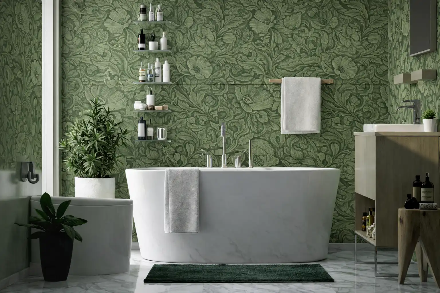 sagegreen-wallpaper-bathroom Interior Design styling of statement bathroom in Rochester, NY